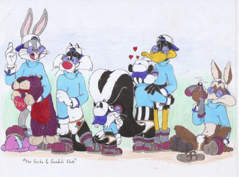 baseball_cap clothed clothing eyewear fashion feet footwear group hat headgear headwear heart_symbol hug love male partially_clothed plushie sandals shoes simple_background sitting sniffing sniffing_clothes sock_sniffing socks socks_with_sandals soles speedo stepped_on sunglasses sweater swimwear topwear turtleneck uniform young rufe_squirrel looney_tunes warner_brothers bugs_bunny daffy_duck pepe_le_pew sylvester_(looney_tunes) sylvester_junior wile_e._coyote anatid anseriform avian bird canid canine canis coyote domestic_cat duck felid feline felis lagomorph leporid mammal mephitid rabbit skunk absurd_res acrylic_painting_(artwork) hi_res painting_(artwork) traditional_media_(artwork) traditional_painting_(artwork)