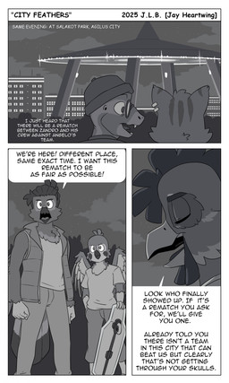 5_fingers ambiguous_gender anthro arm_tuft avian_caruncle back_wings beak beanie blockage_(layout) bottomwear building canine_teeth cheek_spots cheek_tuft clothed clothing cloud comb_(anatomy) countershade_torso countershading crowd dialogue dipstick_tail_feathers duo ear_piercing ear_ring earhole eye_markings eyebrows eyes_closed eyewear facial_tuft feathers fingers fist glasses glint group hair hand_in_pocket hat head_crest head_tuft headgear headwear holding_skateboard jacket looking_at_another male markings night one_eye_obstructed open_beak open_clothing open_jacket open_mouth open_topwear pants piercing plant plantigrade pockets ring_piercing round_glasses scuted_arms scuted_hands scutes shirt sky skyline sleeveless_jacket speech_bubble standing star starry_sky t-shirt tail tail_feathers text tied_hair tongue topwear tree tuft winged_arms wings wrist_tuft jayheartwing city_feathers angelo_(sammfeatblueheart) background_character romeo_(sammfeatblueheart) zandro_(sammfeatblueheart) avian bird chicken columbid felid feline galliform mammal oscine passerine phasianid pigeon reptile rock_dove scalie sparrow 2025 absurd_res comic comic_sans english_text greyscale hi_res monochrome