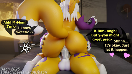 anthro anus balls bed bedroom bedroom_sex bodily_fluids breasts butt claws cowgirl_position cum cum_in_vagina cum_inside detailed_background dialogue duo erection female female_penetrated from_front_position furniture genital_fluids genitals hair humanoid_genitalia impregnation inbreeding male male/female male_penetrating male_penetrating_female nude on_bottom on_top ovum penetration penile penile_penetration penis sex sperm_cell tail text vaginal vaginal_penetration white_body yellow_body bacn bandai_namco blender_cycles digimon renamon_(bacn) canid canine digimon_(species) fox mammal renamon 16:9 2025 3d_(artwork) 4k absurd_res blender_(artwork) digital_media_(artwork) english_description english_text hi_res widescreen incest_(lore) mother_(lore) mother_and_child_(lore) mother_and_son_(lore) parent_(lore) parent_and_child_(lore) parent_and_son_(lore) son_(lore)