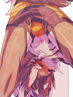 anthro black_sclera blush bottomwear brown_body brown_fur bulge butt clothed clothing fur green_eyes looking_at_viewer looking_through looking_through_legs looking_through_legs_at_viewer male pants solo striped_body striped_fur stripes tail topless topless_anthro topless_male white_body ka_ramono lifewonders tokyo_afterschool_summoners seth_(tas) canid canine canis jackal mammal 2026 absurd_res hi_res