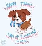 ambiguous_gender blush brown_body brown_fur feral flag flag_(object) fur heart_symbol lgbt_pride pride_color_flag pride_colors solo tail text transgender_pride_colors nullkunstt hasbro international_transgender_day_of_visibility littlest_pet_shop lps_25 canid canine canis domestic_dog mammal english_text hi_res