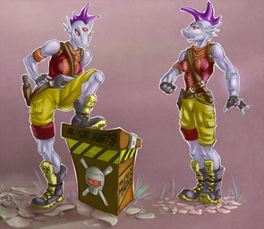 5_fingers anthro armband biped boots breasts clothed clothing female fingers footwear muscular muscular_anthro muscular_female non-mammal_breasts pose radioactive red_eyes shoes simple_background solo standing neon_(artist) chucklefish mythology starbound dragon hylotl mythological_creature mythological_scalie scalie