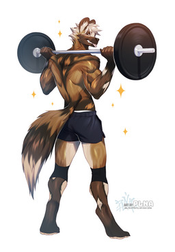 anthro biped clothed clothing exercise hair male muscular muscular_male solo tail tongue tongue_out topless topless_anthro topless_male weightlifting workout plna african_wild_dog canid canine mammal hi_res