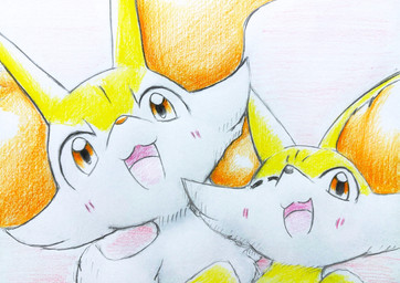 ambiguous_anthro ambiguous_feral ambiguous_gender anthro blush duo evolutionary_family feral front_view looking_at_viewer one_eye_closed open_:3 open_mouth open_smile simple_background smile tongue tongue_out eiroru nintendo pokemon braixen fennekin generation_6_pokemon pokemon_(species) 2023 bust_portrait colored colored_pencil_(artwork) graphite_(artwork) hi_res portrait shaded traditional_media_(artwork)