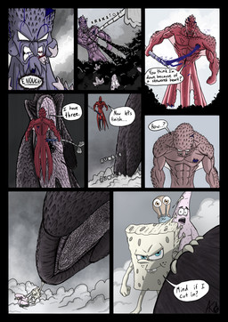 abs angry anthro biped blood bodily_fluids dialogue fingers impalement macro male muscular muscular_male navel pink_body pupils smile speech_bubble teeth tentacles text stillinthesimulation nickelodeon spongebob_squarepants gary_the_snail patrick_star spongebob_squarepants_(character) squidward_tentacles aquatic aquatic_gastropod asterozoan cephalopod echinoderm gastropod mollusk sea_snail sea_sponge snail starfish absurd_res comic english_text hi_res