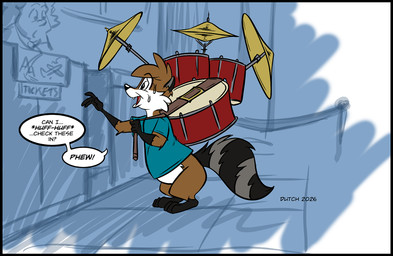 anthro black_border bodily_fluids border bottomless bottomless_anthro bottomless_male clothed clothing cymbals dialogue drum drum_set fur hair male musical_instrument open_mouth percussion_instrument shirt shirt_only side_view solo speech_bubble sweat tail text topwear topwear_only dutch_(artist) beeton human mammal procyonid raccoon 2026 hi_res signature