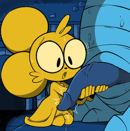 animal_genitalia animal_penis anthro blue_body bodily_fluids both_hands_on_penis bottomwear cloak clothing duo eyewear female genitals glasses holding_penis kneeling male open_mouth penis shocked skirt sweat tapering_penis wearing_glasses yellow_body fatalafterdark dungeons_and_dragons hasbro mythology wizards_of_the_coast winnie_(eva_figueroa) winnie_the_time_mouse dragon mammal monster mouse murid murine mythological_creature mythological_scalie rodent scalie hi_res