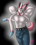 anthro anthrofied big_bulge big_muscles bottomwear bow_tie bulge clothed clothing male muscular muscular_anthro muscular_male pants pecs pokemorph raised_tail solo tail tight_bottomwear tight_clothing tight_pants topless kotetsu_rexen nintendo pokemon eeveelution generation_6_pokemon pokemon_(species) sylveon hi_res