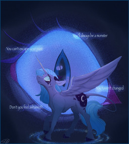 1_horn black_eyebrows blue_body blue_border blue_ears blue_eyes blue_feathers blue_fur blue_hair blue_hooves blue_mane blue_tail blue_wings bodily_fluids border close-up crying cutie_mark eyebrows eyelashes feathered_wings feathers female fur hair hooves horn mane question sad snout solo tail tail_tuft tears text tuft unicorn_horn white_text wings sweetvixenarts friendship_is_magic hasbro my_little_pony mythology princess_luna_(mlp) equid equine mammal mythological_creature mythological_equine winged_unicorn english_text hi_res signature