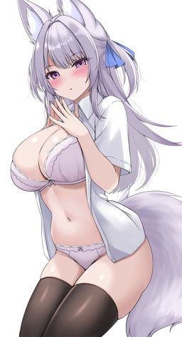 :o big_breasts blush bra breasts cleavage clothed clothing collared_shirt eyebrow_through_hair eyebrows eyelashes female grey_hair hair legwear navel open_clothing open_mouth open_shirt open_topwear panties purple_eyes shirt solo tail thigh_highs topwear translucent translucent_hair underwear sogaya animal_humanoid canid canid_humanoid canine canine_humanoid fox_humanoid humanoid mammal mammal_humanoid 2026 hi_res
