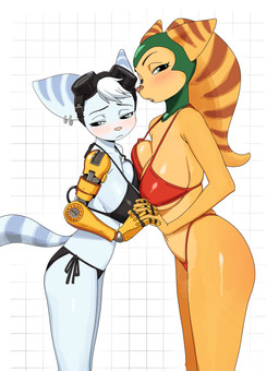 anthro bedroom_eyes big_breasts bikini bikini_bottom bikini_top blue_body blue_eyes blue_fur blush bottomwear breast_squish breasts breasts_frottage cleavage clothed clothing dominant dominant_female duo female fur gesture green_eyes half-closed_eyes kemono larger_female looking_at_viewer narrowed_eyes nipple_outline orange_body orange_fur prosthetic prosthetic_arm prosthetic_limb robotic_arm seductive size_difference skimpy skimpy_swimwear smaller_female squish standing striped_body stripes suggestive suggestive_gesture suggestive_pose swimwear tail topwear two-piece_swimsuit hutomayuu ratchet_and_clank sony_corporation sony_interactive_entertainment angela_cross rivet_(ratchet_and_clank) lombax mammal hi_res