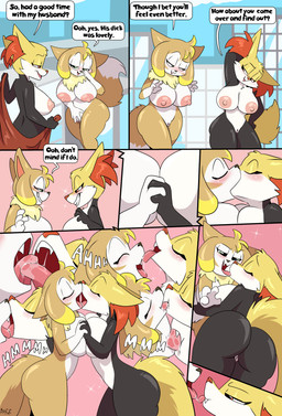 anthro areola big_butt biped black_body bodily_fluids breast_squish breasts breasts_frottage butt dialogue eyelashes female female/female french_kissing fur genitals kissing licking_tongue macro macro_female multicolored_body nipples palmorph pokemorph pupils saliva saliva_string smile speech_bubble squish text thick_thighs tongue tongue_out tongue_suck vulva white_body fuf nintendo palworld pocketpair pokemon delphox generation_6_pokemon pal_(species) pokemon_(species) vixy_(pal) absurd_res comic english_text hi_res