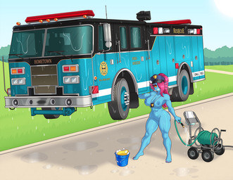 blue_body blue_skin breasts bucket container day female fin fire_engine genitals grass grin hair hose muscular muscular_female nipples plant police police_badge police_hat red_hair road smile soap_bubbles solo sponge standing suds towel tree truck vehicle vulva water wet yellow_eyes thechemicalbro deltarune undertale_(series) undyne aquatic fish humanoid