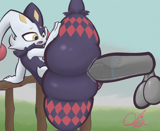 anal anal_penetration anthro balls big_balls big_butt big_penis black_body blush butt duo fur genitals heart_eyes heart_symbol jester male male/male open_mouth penetration penis sex spread_legs spreading standing standing_sex thick_thighs white_body white_fur wide_hips yellow_eyes alicenya palworld pocketpair dupin_(pal) pal_(species) digital_drawing_(artwork) digital_media_(artwork) hi_res