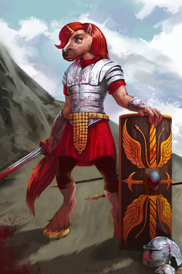 anthro armor biped blood bodily_fluids clothing fantasy female gladius hair headgear helmet historical history hooves horn medieval_fantasy military military_uniform red_hair roman roman_empire rome scutum shield slaughter solo unguligrade uniform war thepimpartist mythology lorica equid equine mammal mythological_creature mythological_equine unicorn hi_res