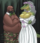 anthro bald beard big_breasts bow_tie breasts bride camo choker cleavage clothed clothing dark_body dark_skin dress eye_contact facial_hair female flower flower_crown gloves green_body green_scales groom half-closed_eyes hand_holding handwear huge_breasts human_on_anthro interspecies jewelry looking_at_another male male/female male_human narrowed_eyes necklace non-mammal_breasts obese obese_human obese_male orange_eyes overweight overweight_human overweight_male plant scales smile swamp topless topless_male wedding wedding_dress wedding_veil yellow_body yellow_scales flick-the-thief alligator_kick_(meme) gumbo_slice alligator alligatorid crocodilian human mammal reptile scalie 2023 hi_res meme