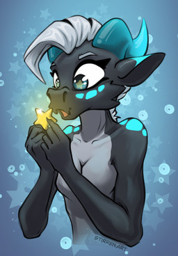 5_fingers abstract_background anthro blue_background female fingers glistening glistening_eyes holding_object horn looking_at_object markings mohawk nude open_mouth simple_background solo spots spotted_body star star_eyes text stirren stirren_(stirren) kobold scalie 2026 hi_res portrait url