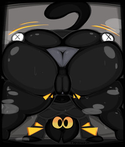 anthro anus bent_over big_butt black_body black_border black_eyes black_fur border breasts butt cloak clothed clothing female fur genitals grey_anus grey_background grey_cloak grey_clothing huge_butt looking_at_viewer looking_back looking_back_at_viewer looking_through looking_through_legs looking_through_legs_at_viewer no_underwear simple_background solo spread_butt spreading thick_thighs vulva wide_hips yellow_sclera thfooxxir google google_doodle magic_cat_academy momo_(google) domestic_cat felid feline felis mammal hi_res