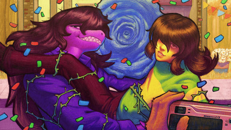 ambiguous_gender anthro brown_hair camera carrying_another clothing confetti detailed_background duo entangled hair holding_object looking_at_viewer male pattern_clothing pattern_shirt pattern_topwear portal purple_body sharp_teeth shirt smile striped_clothing striped_shirt striped_topwear stripes teeth thorns topwear yellow_body yellow_skin name_is_less deltarune undertale_(series) kris_dreemurr susie_(deltarune) human mammal reptile scalie 2026 digital_media_(artwork) digital_painting_(artwork) hi_res painting_(artwork)