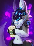 abstract_background anthro battery_life charging coffee_cup container cup horn machine male navel open_mouth solo standing mrjairorate protogen 2022 hi_res