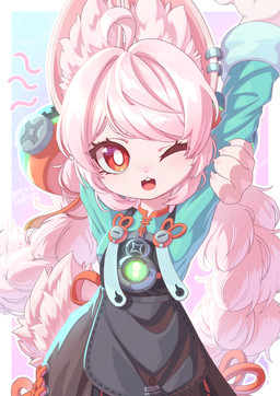 ahoge anthro braided_pigtails clothed clothed_anthro clothed_female clothing ear_piercing ear_ring female fully_clothed fully_clothed_anthro fully_clothed_female fur hair inner_ear_fluff one_eye_closed open_mouth overall_dress piercing pink_body pink_fur pink_hair red_eyes ring_piercing simple_background solo tuft calicolycoris mihoyo zenless_zone_zero zhao_(zenless_zone_zero) lagomorph leporid mammal rabbit thiren 2025 absurd_res dated half-length_portrait hi_res portrait