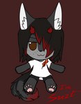 anthro black_hair broken_horn brown_eyes clothed clothing collar doll fur grey_body grey_fur hair horn looking_at_viewer male red_eyes red_hair red_horn simple_background smile solo white_body white_fur crybitur fumo_(doll) touhou suwyzid canid canine canis felid hybrid mammal wolf hi_res