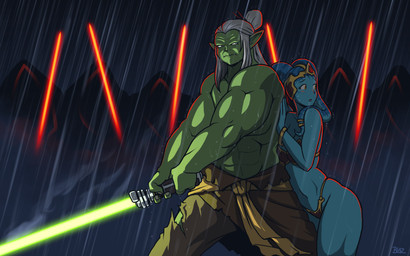 abs ambiguous_gender blue_body blue_lekku blue_skin duo_focus female green_body green_lightsaber green_skin grey_hair group hair lekku_(anatomy) lightsaber male melee_weapon navel raining red_lightsaber slave slave_bikini weapon blazbaros star_wars yoda alien humanoid twi'lek yoda's_species 16:10 2016 digital_media_(artwork) widescreen