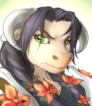 angry anthro black_hair braided_hair female flower green_eyes hair horn light_body looking_at_viewer plant snout solo shalinka blizzard_entertainment warcraft verena_mistrunner bovid bovine mammal tauren bust_portrait portrait