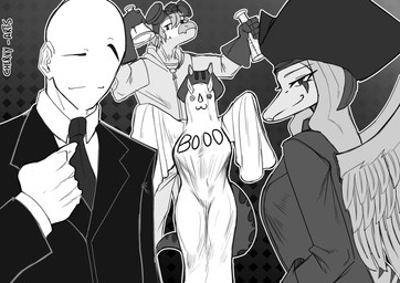 3_horns 5_fingers anthro bald business_suit clothing costume feathered_wings feathers female fingers frill_(anatomy) gas_mask ghost_costume gloves group hair halloween_costume handwear hazmat_suit holidays horn long_hair long_tail looking_at_viewer male mask multi_horn necktie pirate_costume smile snout suit tail text wings chervyarts cavemanon_studios goodbye_volcano_high halloween ko_op_(game_developer) snoot_game anon_(snoot_game) fang_(gvh) reed_(gvh) trish_(gvh) ceratopsian ceratopsid chasmosaurine dinosaur dromaeosaurid human mammal marginocephalian ornithischian prehistoric_species pterosaur reptile saurischian scalie theropod triceratops velociraptor 2025 artist_name greyscale hi_res monochrome watermark