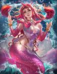 astrological_symbol blue_eyes bracelet braided_hair breasts cancer_(symbol) cancer_(zodiac) crown ear_piercing female hair halter_top headgear humanoid_pointy_ears jewelry marine merfolk necklace non-mammal_breasts personification piercing pigtails pink_body pink_hair pink_scales red_hair sakimichan scales smile solo split_form symbol waist_accessory water wave western_zodiac western_zodiac_symbol