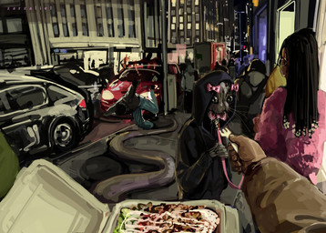 ambiguous_gender apode bottomless bow_ribbon brown_body car city clothed clothing cutlery dark_body dark_skin ear_piercing ear_ring female food fork group hoodie hoodie_only kitchen_utensils leash legless male multi_eye not_furry_focus outside piercing ring_piercing tail teeth teratophilia tools topwear topwear_only tripping vehicle whiskers zarzaliel alien eldritch_abomination human mammal absurd_res hi_res