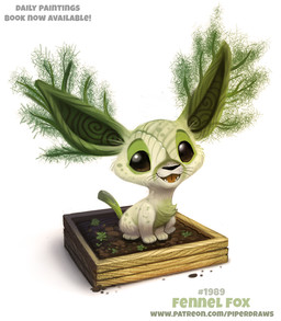 ambiguous_gender beady_eyes brown_eyes fangs fennel_(plant) food garden humor open_mouth plant plant_box pun simple_background solo teeth text visual_pun whiskers white_background piper_thibodeau canid canine elemental_creature fennec_fox flora_fauna food_creature fox mammal true_fox digital_media_(artwork) digital_painting_(artwork) english_text painting_(artwork) translated url