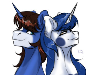 bangs blue_body blue_eyes blue_fur blue_horn blue_mane brown_eyes brown_mane closed_smile duo ear_tuft eyebrow_through_hair eyebrows eyelashes female female_feral feral fur hair happy horn lidded_eyes light long_mane male male_feral mane medium_mane mouth_closed multicolored_body multicolored_fur prince princess royalty simple_background smile smiling_at_another smiling_at_each_other text toothy_grin translucent translucent_hair tuft two_tone_body two_tone_fur unicorn_horn white_background white_body white_fur white_horn rayrage futurehooves hasbro my_little_pony mythology fan_character prince_waxing_moon princess_radiant_eclipse equid equine mammal mythological_creature mythological_equine unicorn 2026 artist_name colored digital_drawing_(artwork) digital_media_(artwork) english_description hi_res lighting shaded brother_(lore) brother_and_sister_(lore) sibling_(lore) sister_(lore) twins_(lore)