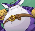 anthro belly_tuft belt cheek_tuft clothing dipstick_ears ear_markings facial_tuft fishing_rod fur gloves green_background handwear inner_ear_fluff looking_down low-angle_view male multicolored_ears neck_tuft overweight overweight_male purple_body purple_fur simple_background solo striped_body striped_fur stripes tuft whiskers white_body white_fur yellow_clothing yellow_gloves yellow_handwear yellow_sclera denaturedalbumin sega sonic_the_hedgehog_(series) big_the_cat domestic_cat felid feline felis mammal 2022 half-length_portrait portrait