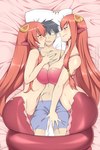 apode body_pillow breasts coiling duo eye_contact female hair humanoid_pointy_ears legless long_hair looking_at_another lying monster_girl_(genre) pillow pointy_ears red_hair serpentine smile split_form yellow_eyes lindaroze_(artist) monster_musume kimihito_kurusu miia's_mother_(monster_musume) miia_(monster_musume) draconcopode lamia mammal reptile scalie snake