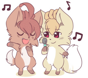 ambiguous_anthro ambiguous_gender anthro chibi cute_fangs dipstick_tail duo electronics fangs kemono markings microphone musical_note musical_symbol pawpads red_eyes semi-anthro simple_background singing symbol tail tail_markings tail_motion tailwag teeth fiddleafox nintendo pokemon amare_(fiddleafox) hajime_(fiddleafox) generation_1_pokemon pokemon_(species) shiny_pokemon vulpix 2_frame_animation animated low_res warm_colors