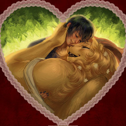 accessory anthro colored_nails duo eyelashes female flower flower_in_hair hair hair_accessory heart_symbol horn hug lips male nails plant smile teeth thick_bottom_lip wushutai27302 delicious_in_dungeon winged_lion_(delicious_in_dungeon) felid human lion mammal pantherine 1:1 hi_res
