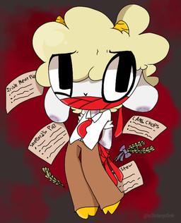 anthro bdsm bite_mark blood blood_splatter bodily_fluids bondage bound bruised cannibalism clothed clothing fully_clothed fur gag hickey improvised_gag male necktie nervous_look recipe_card solo wool_(fur) v3sterp0nk between_here_and_a_hard_place bovid caprine mammal sheep