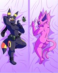 anthro balls black_body black_fur body_pillow_design butt dakimakura dakimakura_design duo erection front_view fur genitals looking_at_viewer lying male on_back penis solo tail fizzyjay dogs_in_love_(jelloapocalypse) nintendo pokemon pokemon_colosseum espeon_(dogs_in_love) umbreon_(dogs_in_love) eeveelution espeon generation_2_pokemon mammal pokemon_(species) umbreon 4:5 digital_media_(artwork) hi_res