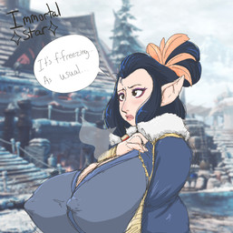 big_breasts breasts cleavage clothed clothing female huge_breasts humanoid_pointy_ears nipple_outline nipples not_furry pointy_ears screencap screencap_background shaking shivering solo speech_bubble text immortalstar capcom monster_hunter third_fleet_master humanoid wyverian english_text hi_res