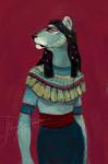 anthro armband blue_body blue_fur bottomwear braided_hair breasts clothed clothing eyeliner female fully_clothed fur hair jewelry makeup simple_background skirt solo under_boob whiskers nayshie egyptian_mythology middle_eastern_mythology mythology sekhmet deity felid lion mammal pantherine 2015 traditional_media_(artwork)