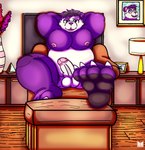 anthro balls claws detailed_background erection feet foot_fetish fur genitals hands_behind_head humanoid_genitalia humanoid_penis living_room looking_at_viewer male nipples nude overweight overweight_male pawpads paws penis purple_body purple_fur sitting slightly_chubby slightly_chubby_anthro slightly_chubby_male solo red_panda_mirr panfluff_(xpanda6) bear giant_panda mammal digital_media_(artwork) hi_res