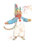 3_toes anthro barefoot clothing clown digitigrade exclamation_point feet happy hat headgear headwear male open_mouth pawpads paws pierrot_costume red_eyes red_nose solo tiny_hands toes whiskers junkochi domestic_cat felid feline felis mammal