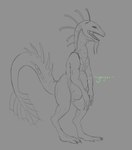 abdominal_bulge anthro digestion_noises featureless_crotch frill_(anatomy) long_neck male narrowed_eyes nude open_mouth sharp_teeth simple_background solo spiked_tail spikes spikes_(anatomy) standing tail tail_frill teeth conditional_dnp kiva~ species_request hi_res partially_colored