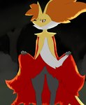 ambiguous_gender anthro biped bottomwear clothed clothing clothing_lift embarrassed forest fur grey_body night orange_body orange_fur plant red_body red_fur skirt skirt_grab skirt_lift solo tree yellow_body yellow_fur kusunesan nintendo pokemon delphox generation_6_pokemon pokemon_(species) absurd_res hi_res