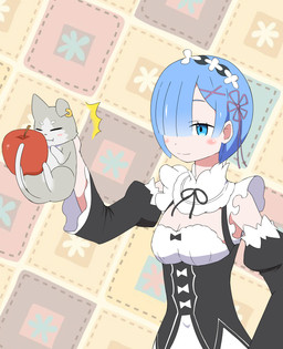 apple blue_eyes blue_hair blush clothing duo female food fruit hair hair_over_eye maid_uniform male one_eye_obstructed plant uniform chaoji_xiao_shou_he re:zero puck_(re:zero) rem_(re:zero) domestic_cat felid feline felis human mammal 2016 digital_media_(artwork) hi_res