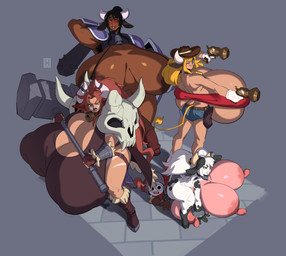 anthro armpit_hair big_breasts body_hair breasts cow_ears dark_body dark_skin female group gynomorph horn huge_breasts intersex male standing tail tail_tuft tuft thehelmetguy rida_(thehelmetguy) animal_humanoid bovid bovid_humanoid bovine bovine_humanoid cattle_humanoid humanoid mammal mammal_humanoid absurd_res hi_res