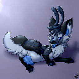 antlers balls bedroom_eyes black_body black_fur blue_body blue_eyes blue_fur blue_penis blue_sclera blue_skin blue_tongue cheek_tuft cloven_hooves corruption dewclaw_hooves erection facial_tuft fangs feral fur genitals half-closed_eyes hoof_hands hooves horn lying male markings mind_control multicolored_body multicolored_fur narrowed_eyes penis possession presenting pupils raised_leg seductive simple_background slightly_chubby slit_pupils smile solo spots teeth tongue tongue_out tuft underhoof unguligrade white_body white_fur tacokurt mallow_(thatonedeer) deer goo_creature goo_dragon mammal new_world_deer reindeer 1:1 2014 hi_res