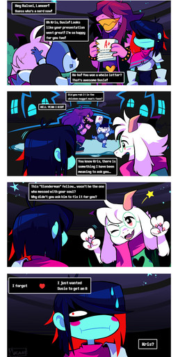 air_quotes anthro black_background blue_body blue_hair building dialogue female freckles fur group hair male purple_body purple_hair simple_background text white_body white_fur akanemnon deltarune undertale_(series) kris_dreemurr lancer_(deltarune) ralsei susie_(deltarune) darkner human mammal scalie 2022 absurd_res comic english_text hi_res nonbinary_(lore)