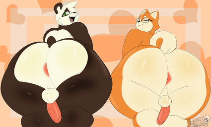 anthro anus balls big_balls big_butt big_penis brown_body brown_fur butt duo eyes_closed eyewear femboy fur genitals glasses green_eyes heart_symbol huge_butt huge_penis hyper hyper_butt looking_at_viewer looking_back male multicolored_body multicolored_fur orange_background orange_body orange_fur penis simple_background smile tan_body tan_fur thick_thighs masterj291 bear canid canine canis domestic_dog giant_panda herding_dog mammal pastoral_dog welsh_corgi 2026 digital_media_(artwork) hi_res